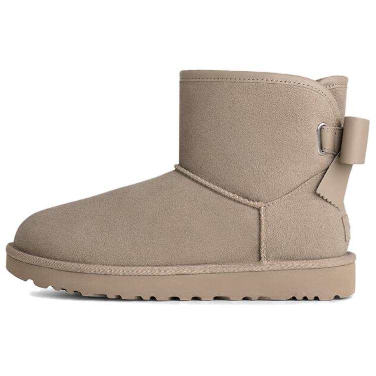 UGG Ultra Mini Bailey Leather Bow Fleece Lined, Comfortable Fashion Snow Boots Women's Pebble Gray