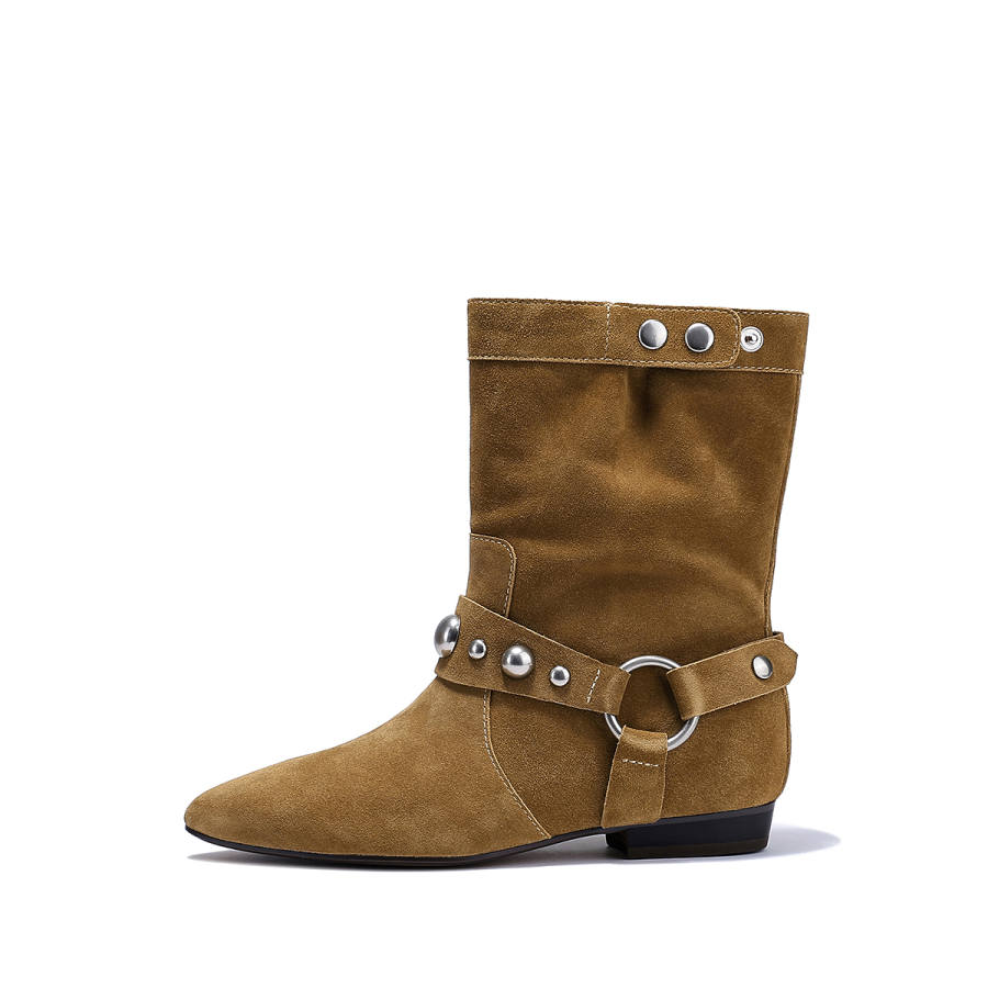 BELLALILY Cow Split Leather Ankle Boots Women's Khaki