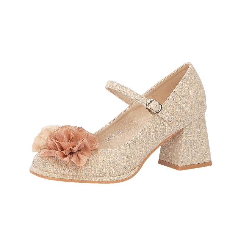 CPXO Synthetic Leather Chunky Heel Mary Jane Shoes Women's Champagne