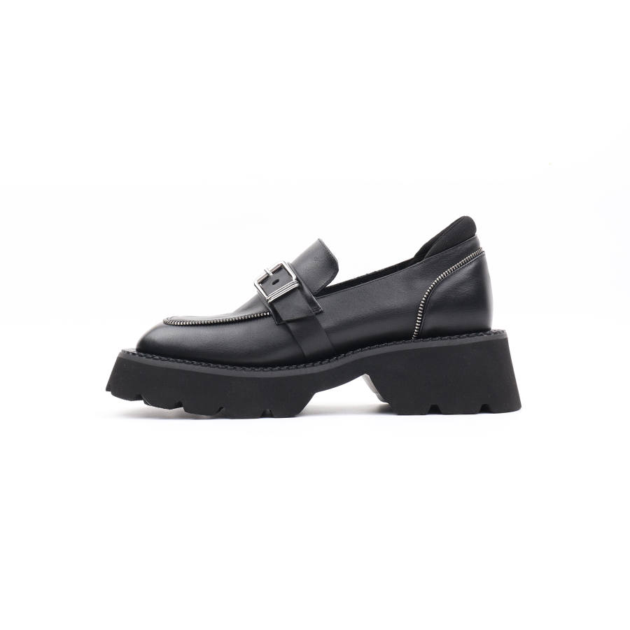 Asthershop Top Grain Cow Leather Loafers Women's Black