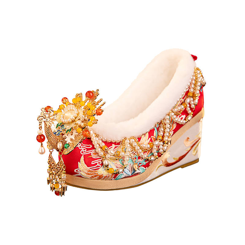 WUXIUYUAN Fleece Lined Chinese Style Wedding Shoes Casual Shoes Women's Red