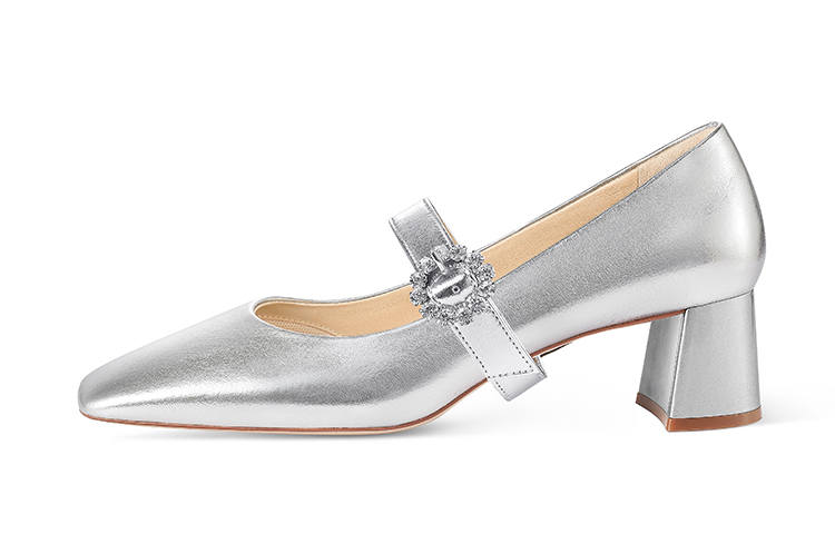7or9 Silver Bead Toffee Sheepskin Chunky Heel Mary Jane Shoes Women's Silver