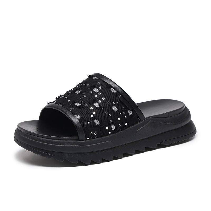 SENJIALUO Rubber Foam Outsole Stitching Odor Resistant Abrasion Resistant Cushioning Slide Slippers Men's Black