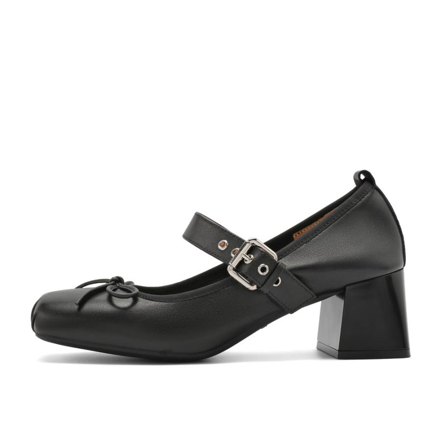 BELLE Sheepskin Chunky Heel Mary Jane Shoes 5.5cm Women's Black, Silver
