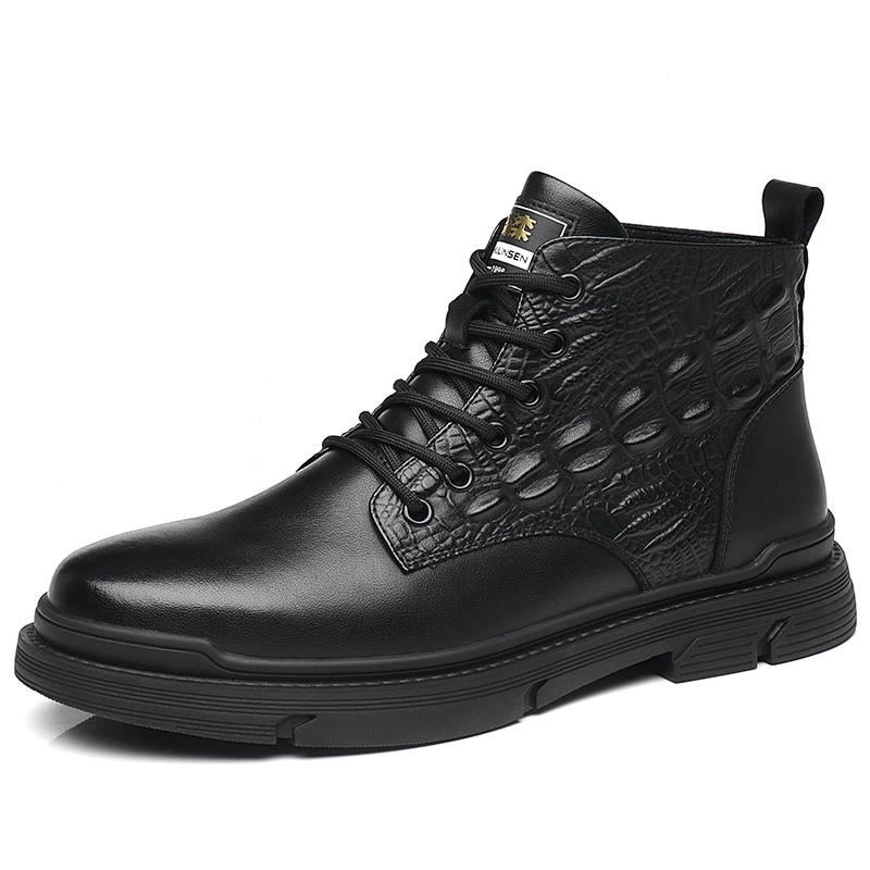 Mulinsen Cow Split Leather Short Combat Boots Men's Black