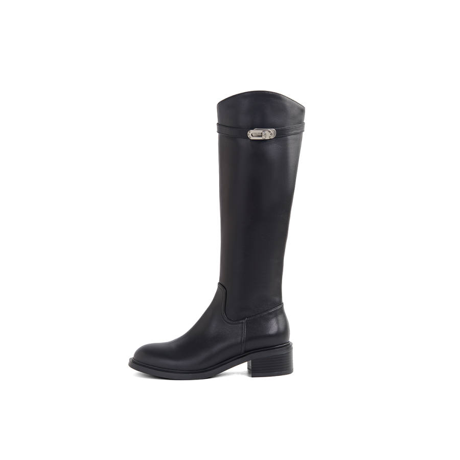 PT'SON Top Grain Cow Leather Knee high Boots Women's Black