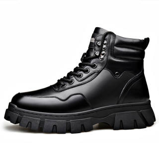 GIHO Top Grain Cow Leather Thermal Trendy Crew Snow Boots Men's Black