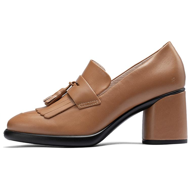 Ecco Cow Leather Chunky Heel High Heels 7cm Women's Light Brown