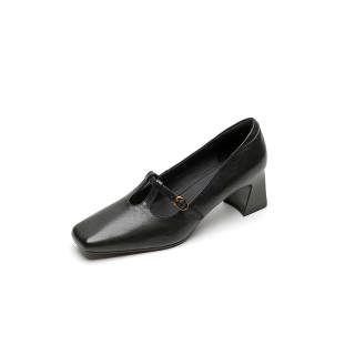 ROROWU Top Grain Cow Leather Chunky Heel High Heels Women's