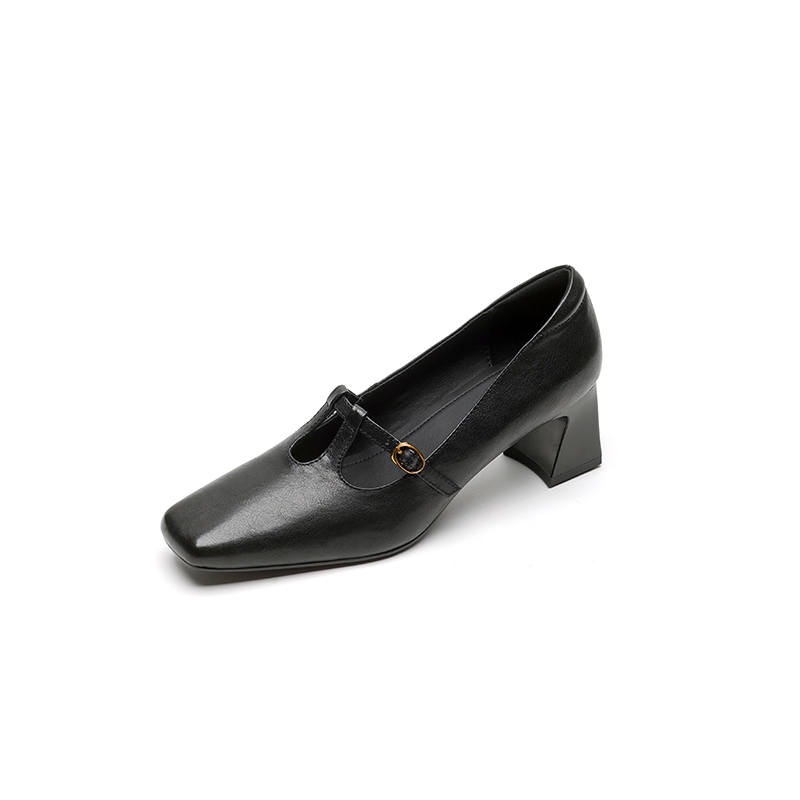 ROROWU Top Grain Cow Leather Chunky Heel High Heels Women's