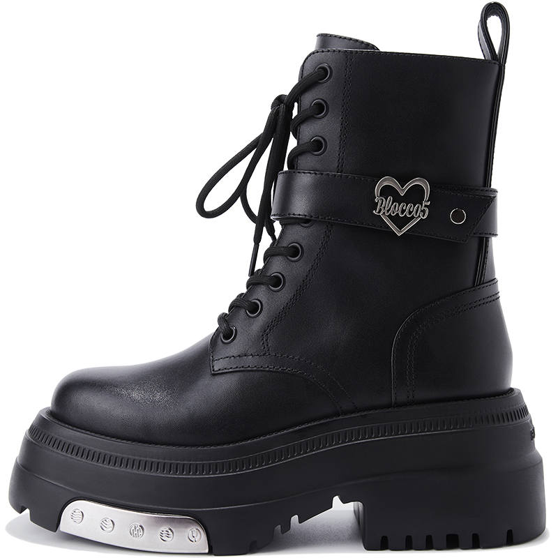 BLOCCO5 Cow Leather Short Mid Calf Combat Boots Women's Black