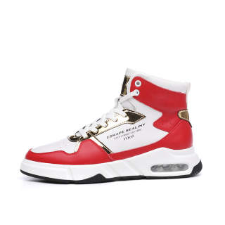 BABINDA Top Grain Cow Leather Fashion Cushioning, Wear Resistant High top Skateboard Shoes Men's White Red