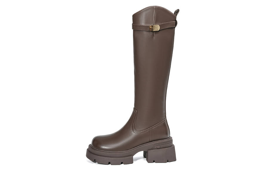 EBLAN Leather Fleece Lined And Thickened Sole, Slimming Fashion Knee high Boots Women's Brown