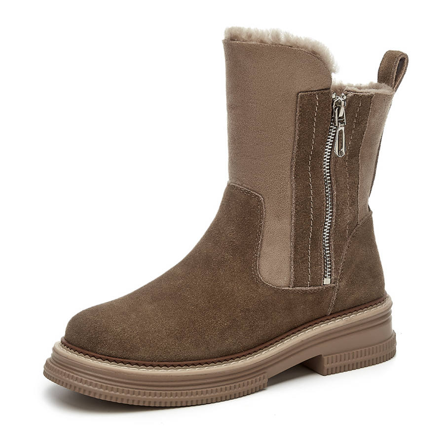 SHOUBA Cow Split Leather Thermal Coverage Fleece Lined Comfortable Fashion Versatile Trendy Short Snow Boots Women's