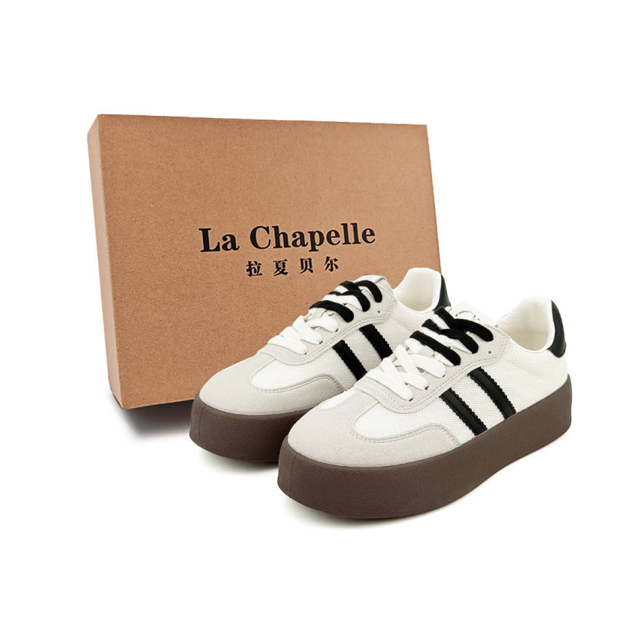 La Chapelle Walnut Cream Gray Breathable Mesh German Army Trainers, Versatile Korean Style Preppy Low top