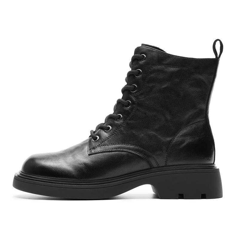 AOKANG Cow Leather Short Combat Boots Women's Black