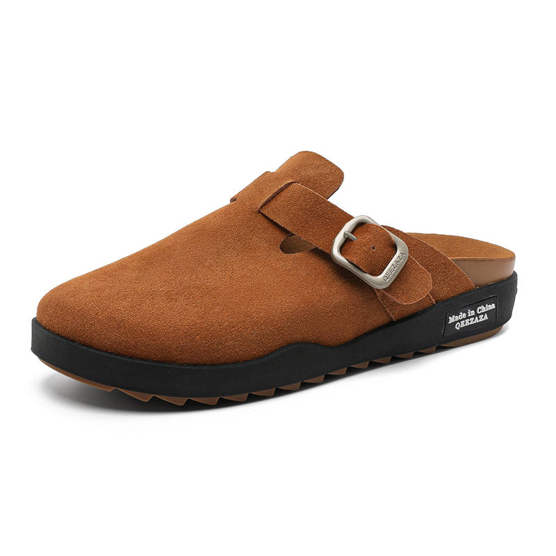 KUNGFUDEER Rubber Sole Totem Leather Patchwork Closed Toe Slippers Unisex