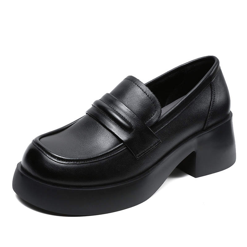 Devanro Devanro Top Grain Cow Leather Chunky Heel High Heels 5.5cm Women's
