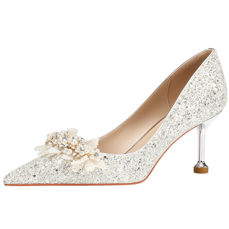 LANMOU Shinny Leather Slim Heel High Heels Women's Silver