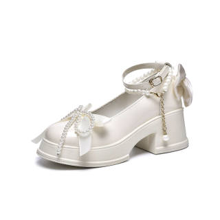 OAON Microfiber Leather Chunky Heel Mary Jane Shoes Women's Ecru