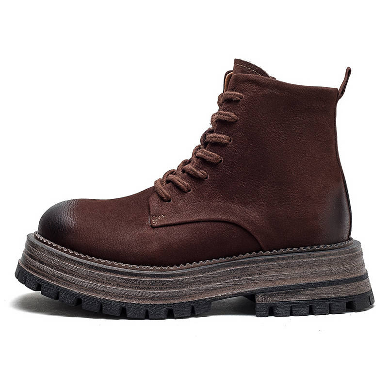 MATA Top Grain Cow Leather Short Combat Boots 5cm Women's