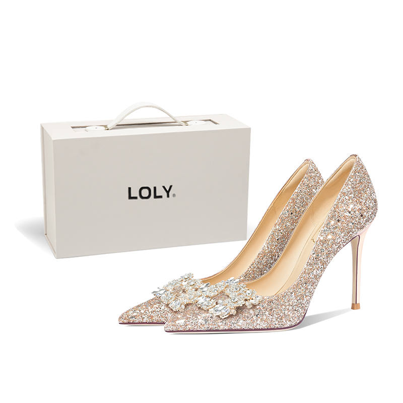 LOLY Crystal Shoes French Wedding Shoes For Women's Slim Heel High Heels Women's Gold