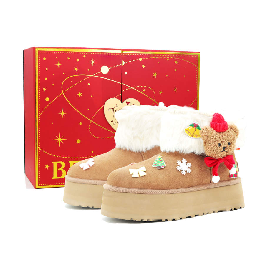 UGG Christmas Bear New Year Box Sheepskin Thermal Short Snow Boots Women's Beige Brown