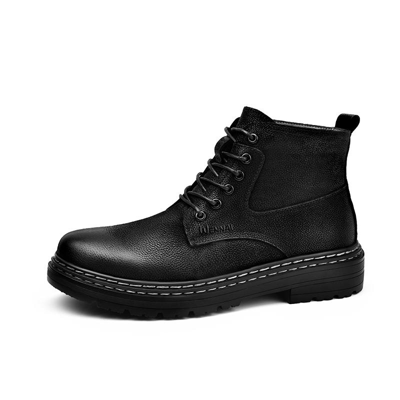 WENNAI Top Grain Cow Leather Short Combat Boots Men's Black
