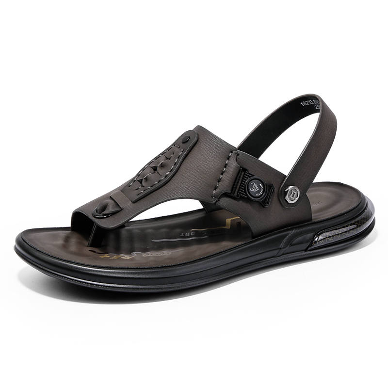 SHENGDAQISHI Top Grain Cow Leather Beach Sandals Men's Gray