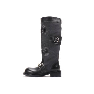 Asthershop Top Grain Cow Leather Fashion Knee high Boots Women's Black