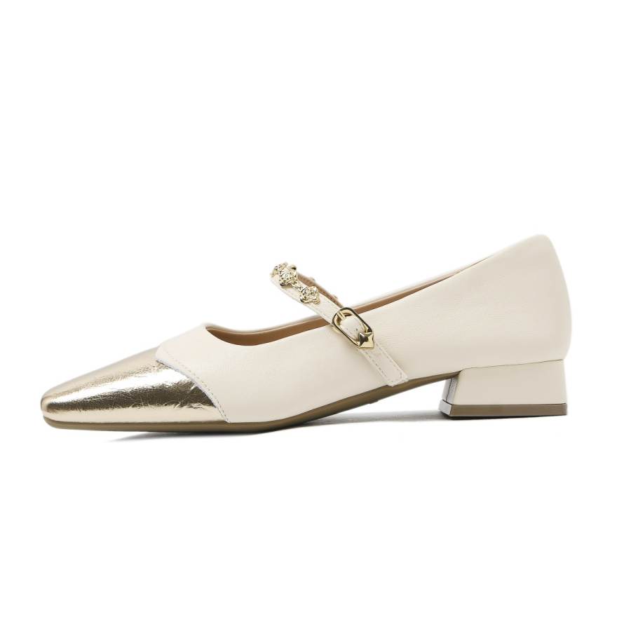CAMEIDO Cow Split Leather Chunky Heel Mary Jane Shoes Women's Ecru