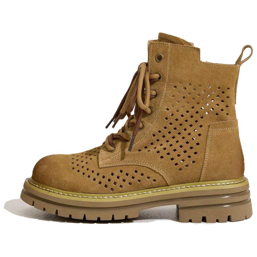 JIETEGONGYANG Cow Suede Short Combat Boots Women's Brown