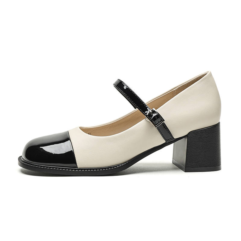 JOSINY Chunky Heel Mary Jane Shoes 5.5cm Women's Beige Black