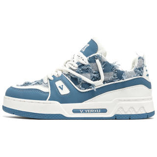 V.YERXU Skate Sneaker Microfiber Leather Casual Shoes Men's White Blue