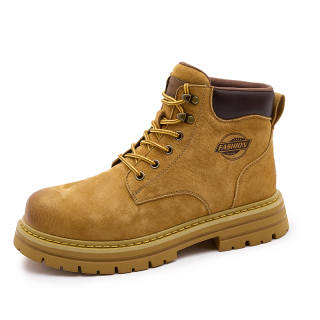 JIJILANGPIN Top Grain Pig Leather Short Combat Boots 5cm Unisex Yellow