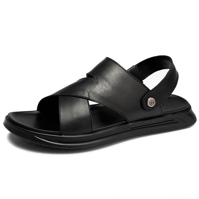 Brounvanm Top Grain Cow Leather Beach Sandals Men's Black