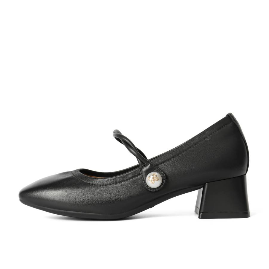 BELLE Leather Slim Heel Mary Jane Shoes 4cm Women's Black, Ecru