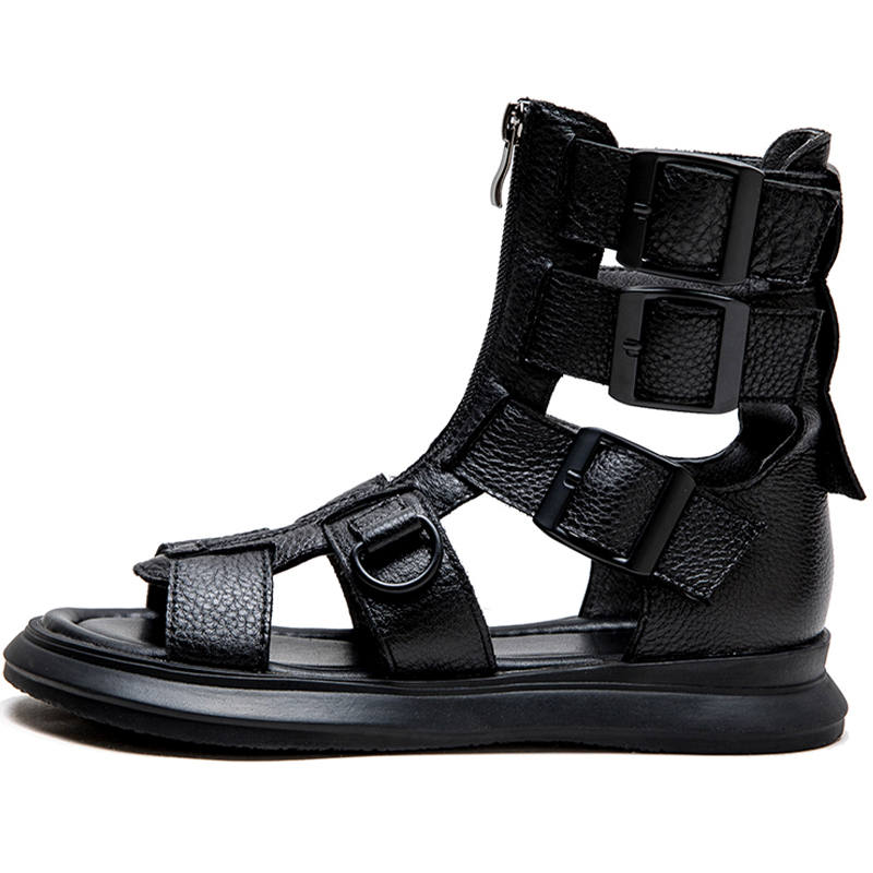 JIEZHOU Top Grain Cow Leather Comfortable Roman Sandals Women's Black