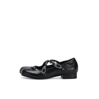 SUGARSU 25 Year Spring Vintage Butterfly Head Fashion Sandal With Metal Buckle Mary Jane Shoes, Women's, Black