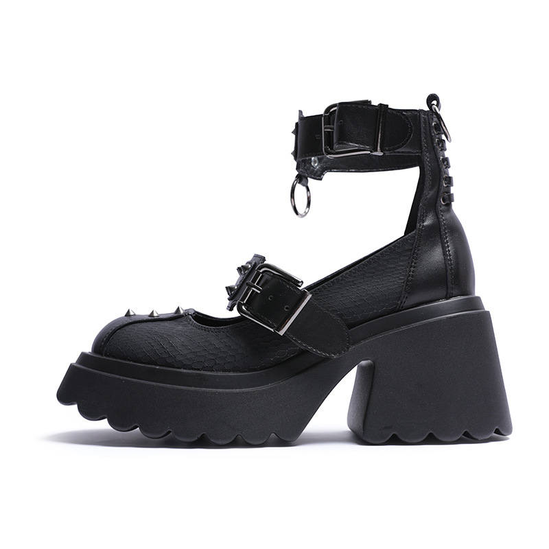 VAEL Cow Split Leather Chunky Heel Mary Jane Shoes Women's Black