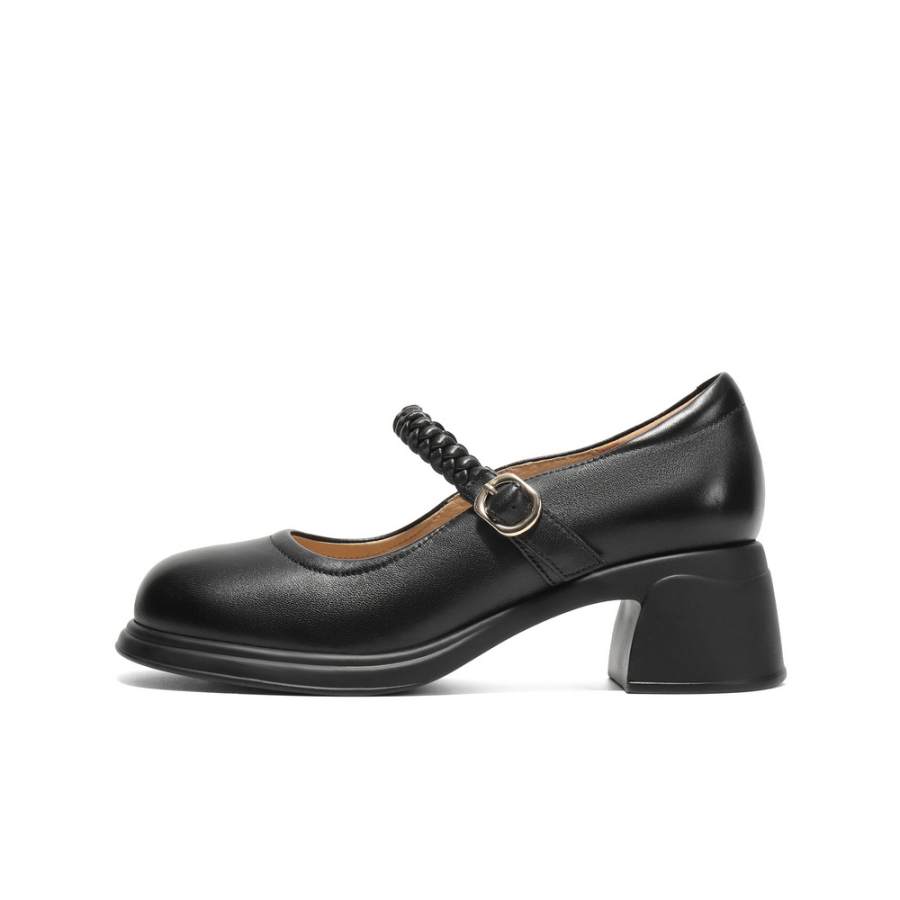 BELLE Chunky Heel Mary Jane Shoes 5.5cm Women's Black Beige