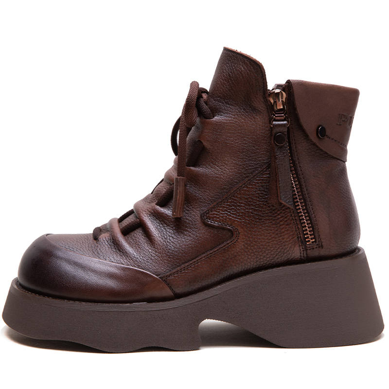 JIEZHOU Top Grain Cow Leather Short Combat Boots 6CM Women's
