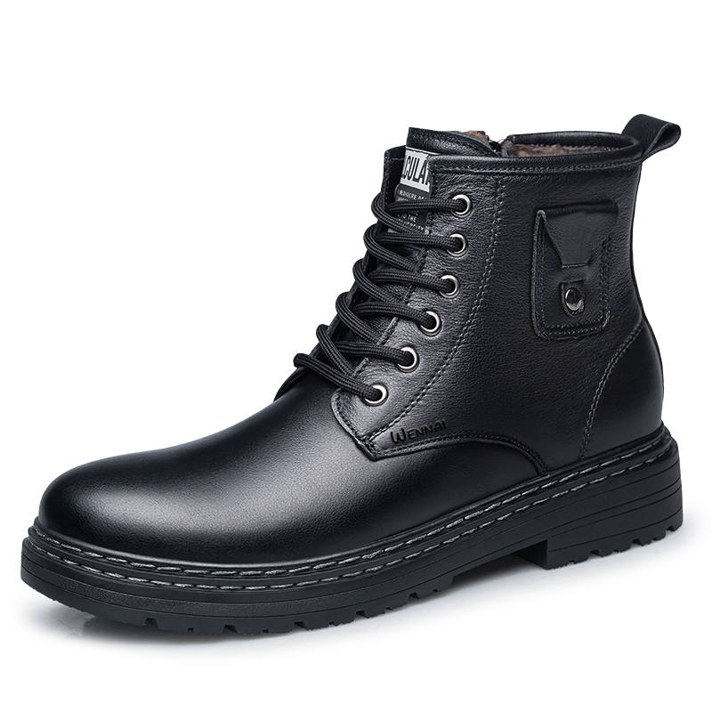 WENNAI Top Grain Cow Leather Short Combat Boots Men's Black