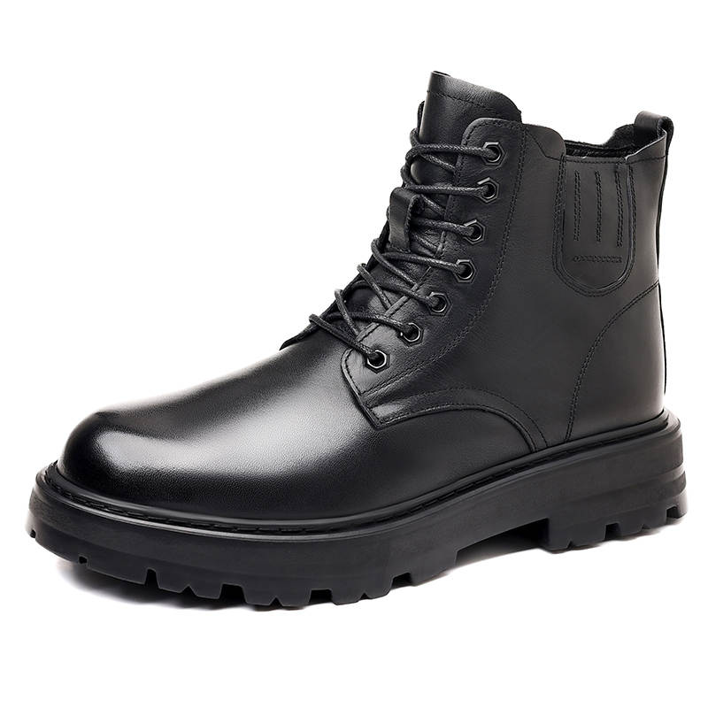 MODENGPAN MODENGPAN Top Grain Cow Leather Short Combat Boots 3cm Men's Black