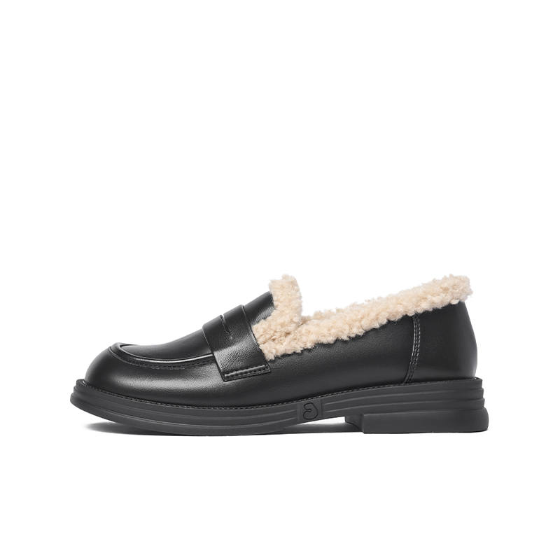 JOSINY Fashionable And Versatile British Style Round Tip Fleece Lined Loafers Women's Black