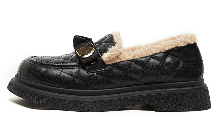 Joy&Mario Pu Vintage British Style Fleece Lined Thermal Slip on Platform Loafers 3cm Women's Black