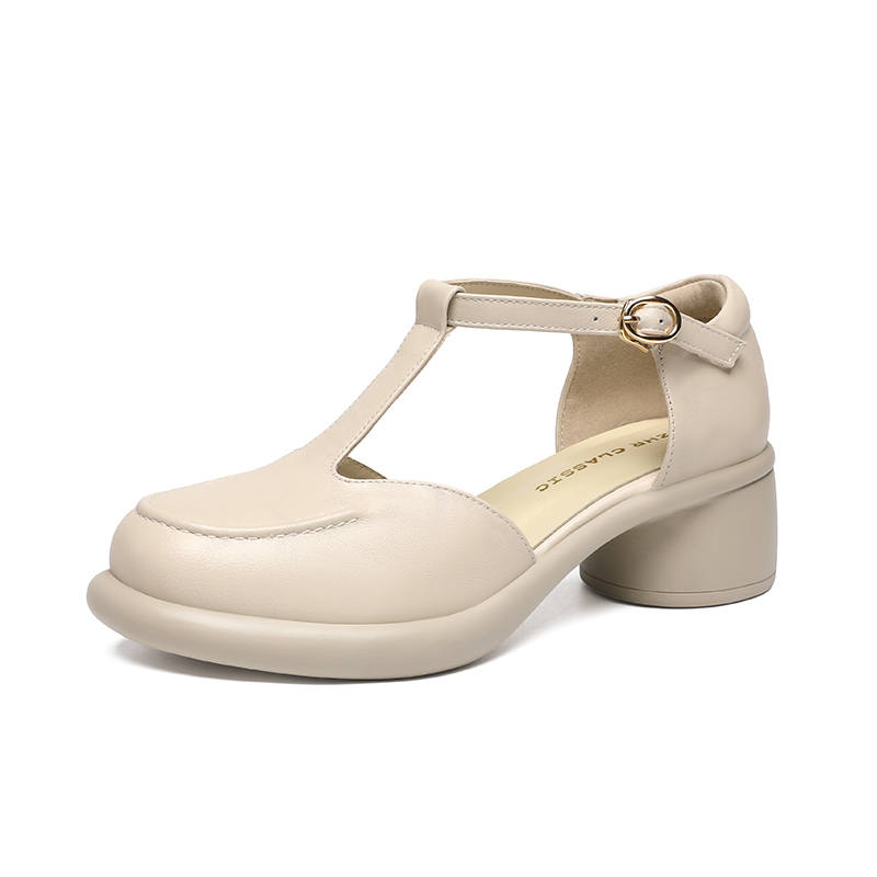 ZHR Cow Leather Chunky Heel High Heels Women's