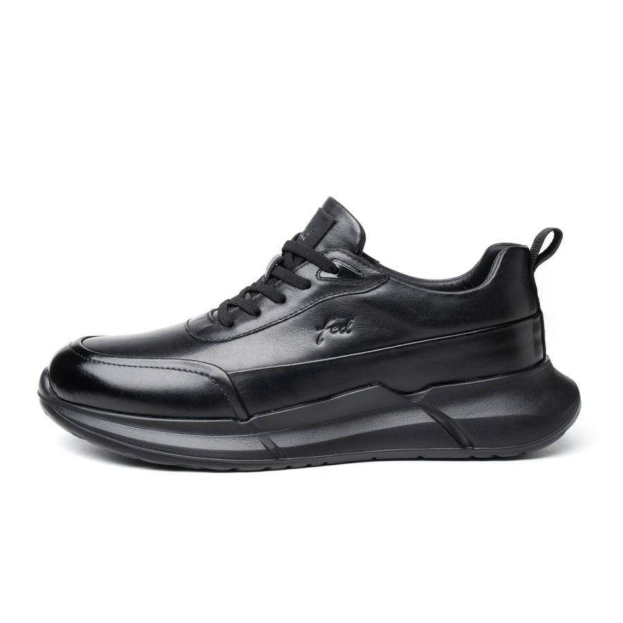 FED Top Grain Cow Leather Cushioning Height Increasing Lightweight Breathable Low top Casual Shoes Men's Black Warrior