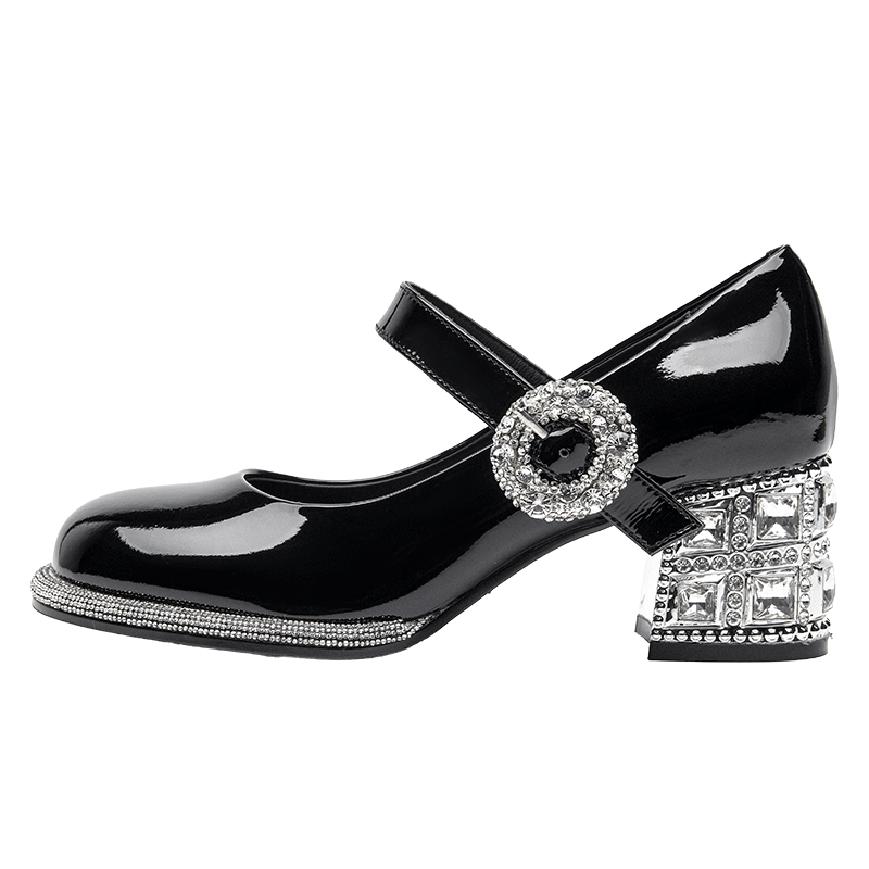 SHOESZOOO One Strap, Studded Heel, Studded Strap, Preppy Style Chunky Heel Mary Jane Shoes 6CM Women's Black