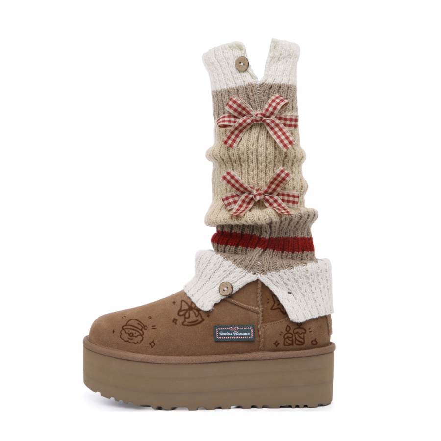 UGG Cow Split Leather Thermal Waterproof Height Increasing Crew Snow Boots Women's Chestnut Brown